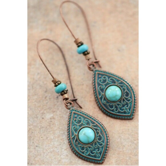 Vintage Turquoise Teardrop Earrings Boho Swirl Copper Alloy Beaded Hook 3 - Picture 1 of 5